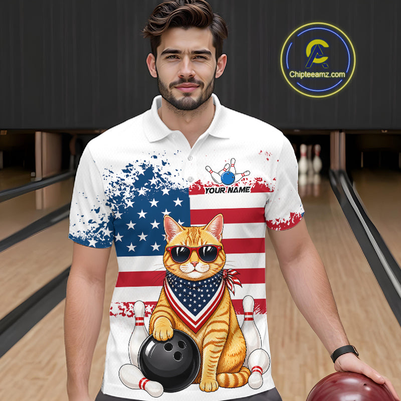 Men’s us flag cat bowling polo shirt, front view on male model in bowling lane 