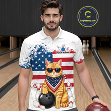 Load image into Gallery viewer, Men’s us flag cat bowling polo shirt, front view on male model in bowling lane 