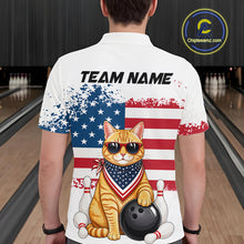 Load image into Gallery viewer, Men’s us flag cat bowling polo shirt, back view on male model in bowling lane 