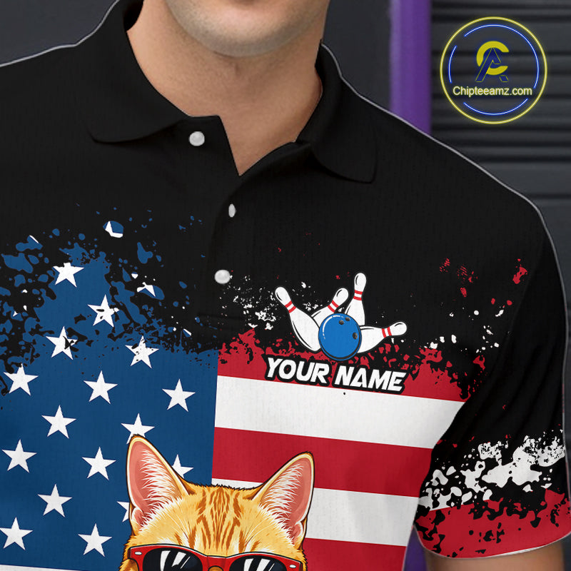 Men’s us flag cat bowling polo shirt with custom name, angled front view showing custom team design 
