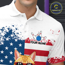 Load image into Gallery viewer, Men’s us flag cat bowling polo shirt with custom name, angled front view showing custom team design 
