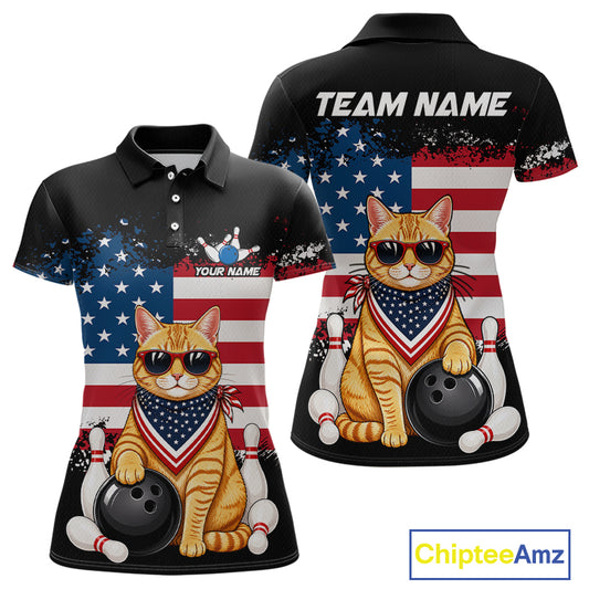 Custom us flag cat bowling jersey for women, personalized team bowling polo shirt front view and back view