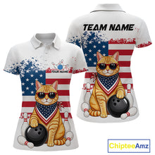 Load image into Gallery viewer, Custom us flag cat bowling jersey for women, personalized team bowling polo shirt front view and back view