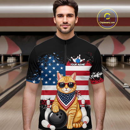 Men’s us flag cat bowling quarter zip shirt, front view on male model in bowling lane 
