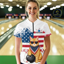 Load image into Gallery viewer, Women’s us flag cat bowling quarter zip shirt, front view on female model in bowling lane 