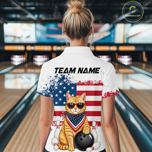 Load image into Gallery viewer, Women’s us flag cat bowling quarter zip shirt, back view on female model in bowling lane 