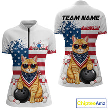 Load image into Gallery viewer, Custom us flag cat bowling jersey for women, personalized team bowling quarter zip shirt front view and back view
