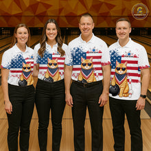 Load image into Gallery viewer, Group of bowlers in us flag cat team shirts, personalized bowling uniforms front view.