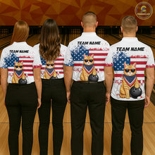Load image into Gallery viewer, Group of bowlers in us flag cat team shirts, personalized bowling uniforms back view.