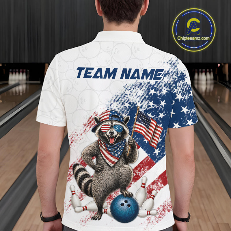 Men’s us flag raccoon bowling polo shirt, back view on male model in bowling lane 