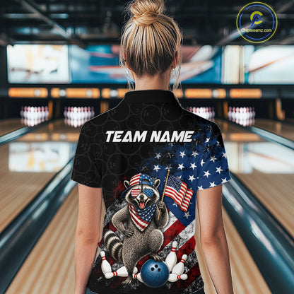 Women’s us flag raccoon bowling polo shirt, back view on female model in bowling lane 