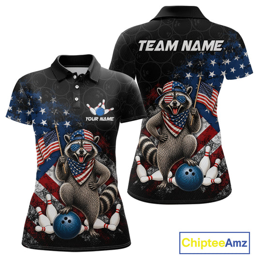 Custom us flag raccoon bowling jersey for women, personalized team bowling polo shirt front view and back view