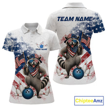 Load image into Gallery viewer, Custom us flag raccoon bowling jersey for women, personalized team bowling polo shirt front view and back view