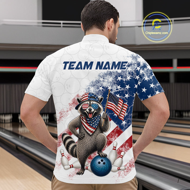 Men’s us flag raccoon bowling quarter zip shirt, back view on male model in bowling lane 
