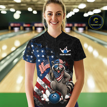 Load image into Gallery viewer, Women’s us flag raccoon bowling quarter zip shirt, front view on female model in bowling lane 