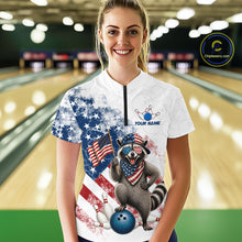 Load image into Gallery viewer, Women’s us flag raccoon bowling quarter zip shirt, front view on female model in bowling lane 