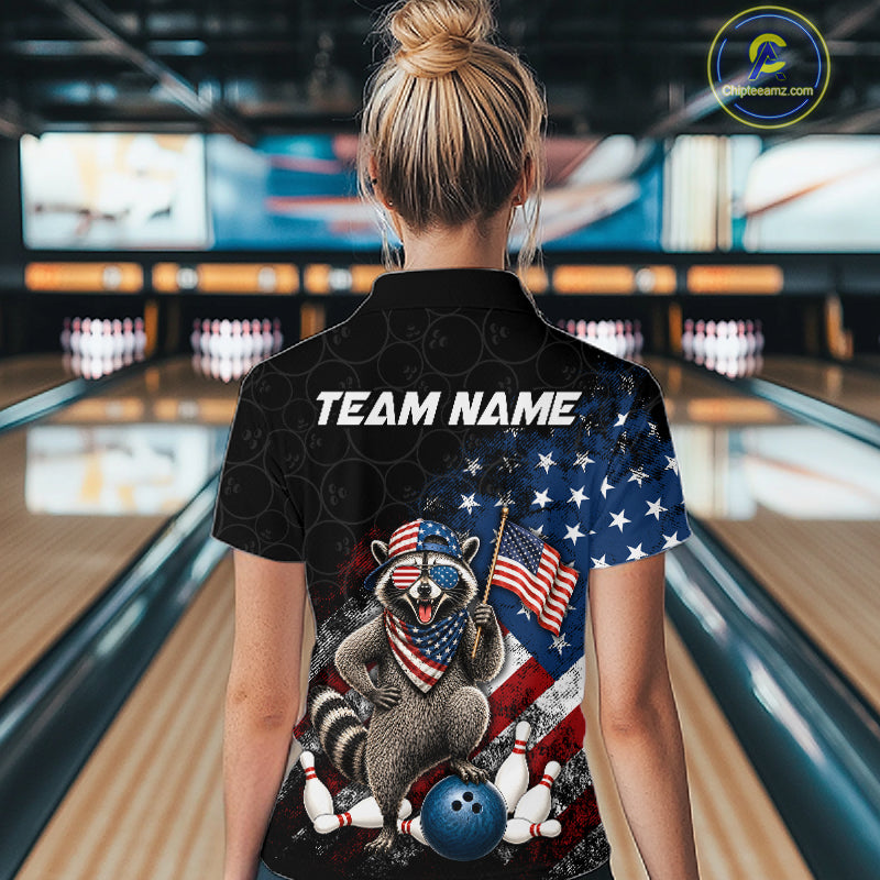 Women’s us flag raccoon bowling quarter zip shirt, back view on female model in bowling lane 