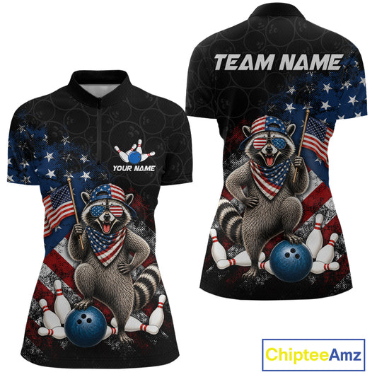 Custom us flag raccoon bowling jersey for women, personalized team bowling quarter zip shirt front view and back view