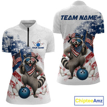 Load image into Gallery viewer, Custom us flag raccoon bowling jersey for women, personalized team bowling quarter zip shirt front view and back view