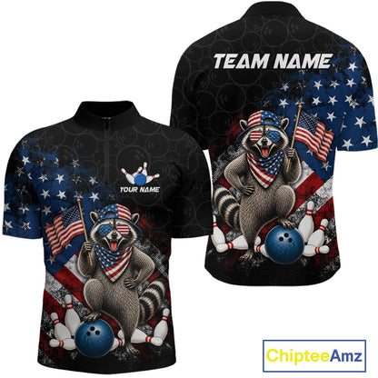 Custom us flag raccoon bowling jersey for men, personalized team bowling quarter zip shirt front view and back view