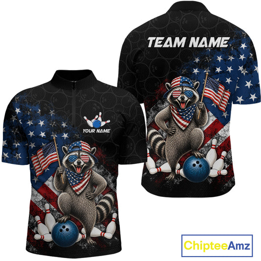 Custom us flag raccoon bowling jersey for men, personalized team bowling quarter zip shirt front view and back view