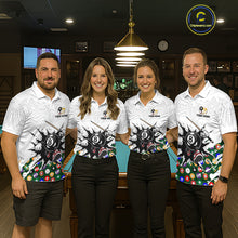 Load image into Gallery viewer, Four people wearing matching billiard themed shirts in a billiard alley.