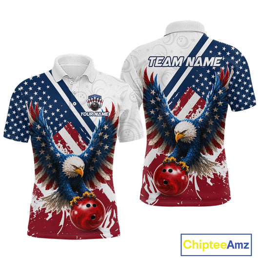Front and back views of a patriotic bowling-themed short-sleeve polo shirt. The design features a bald eagle holding a red bowling ball over an American flag pattern background.