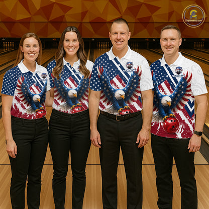 Four people standing together in a bowling alley wearing matching patriotic bowling shirts with eagle graphics and black pants.