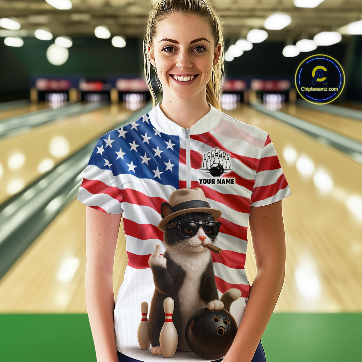 Custom US Flag Funny Cat Bowling Jersey for Women Bowling Uniform Bowling Team Shirts HNT127