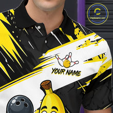 Load image into Gallery viewer, Man wearing a black, yellow, and white bowling-themed shirt with graphics and text.
