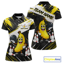 Load image into Gallery viewer, Women polo shirt with cartoon banana character bowling and customizable text on a black and yellow background.