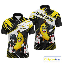 Load image into Gallery viewer, Men polo shirt with cartoon banana bowling design and customizable text on a white background