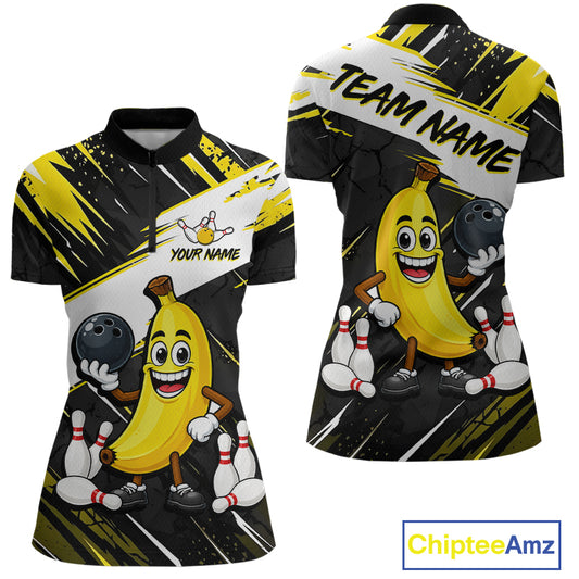 Women quarter zip bowling-themed shirt with cartoon banana character and bowling elements, featuring 'Chiptee Amz' branding.
