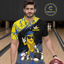 Load image into Gallery viewer, Man wearing a custom bowling shirt with a cartoon character and 'Your Name' text in a bowling alley.