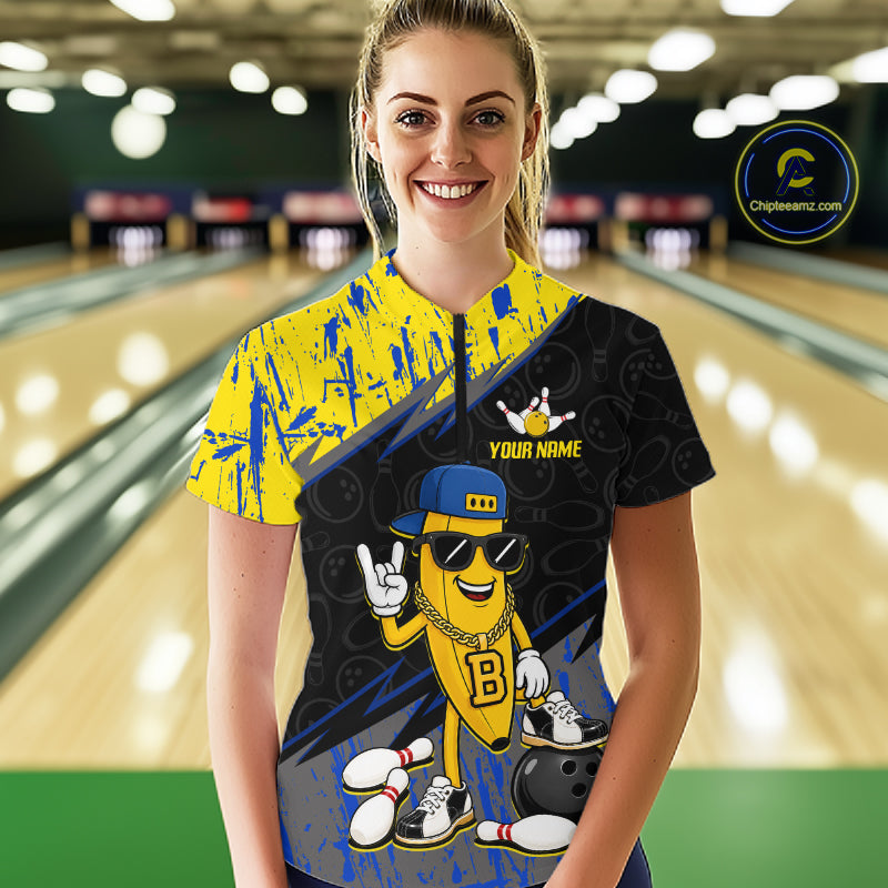 Women polo wearing a custom bowling shirt with a design and text in a bowling alley.