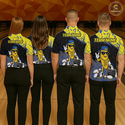 Four people wearing matching bowling shirts with a team logo on a bowling alley.