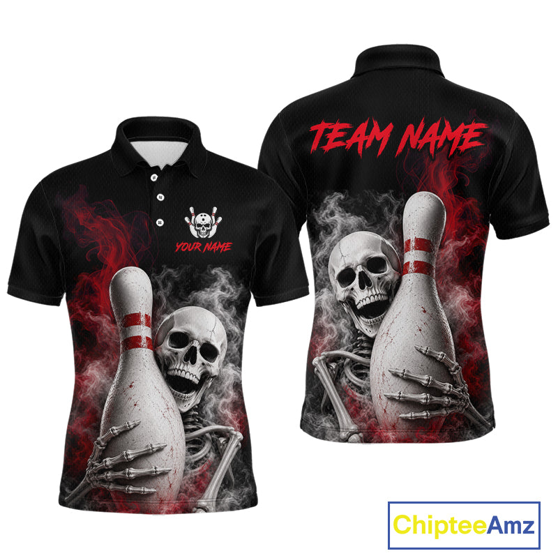 Black short-sleeve polo shirt shown from front and back with a skull and bowling pin graphic, red smoke effects, and customizable text areas reading TEAM NAME and YOUR NAME. A ChipteeAmz logo appears in the bottom right corner.