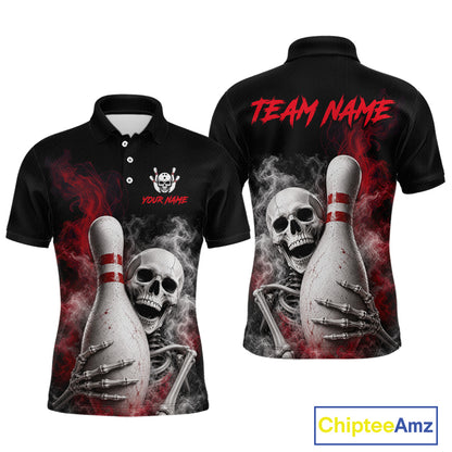 Black short-sleeve polo shirt shown from front and back with a skull and bowling pin graphic, red smoke effects, and customizable text areas reading TEAM NAME and YOUR NAME. A ChipteeAmz logo appears in the bottom right corner.