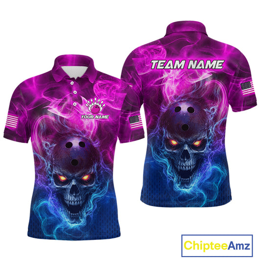 Front and back views of a short-sleeve polo shirt featuring a vivid purple, pink, and blue skull graphic with glowing orange eyes, on a white background. The back shows 'TEAM NAME' text and a placeholder logo area.