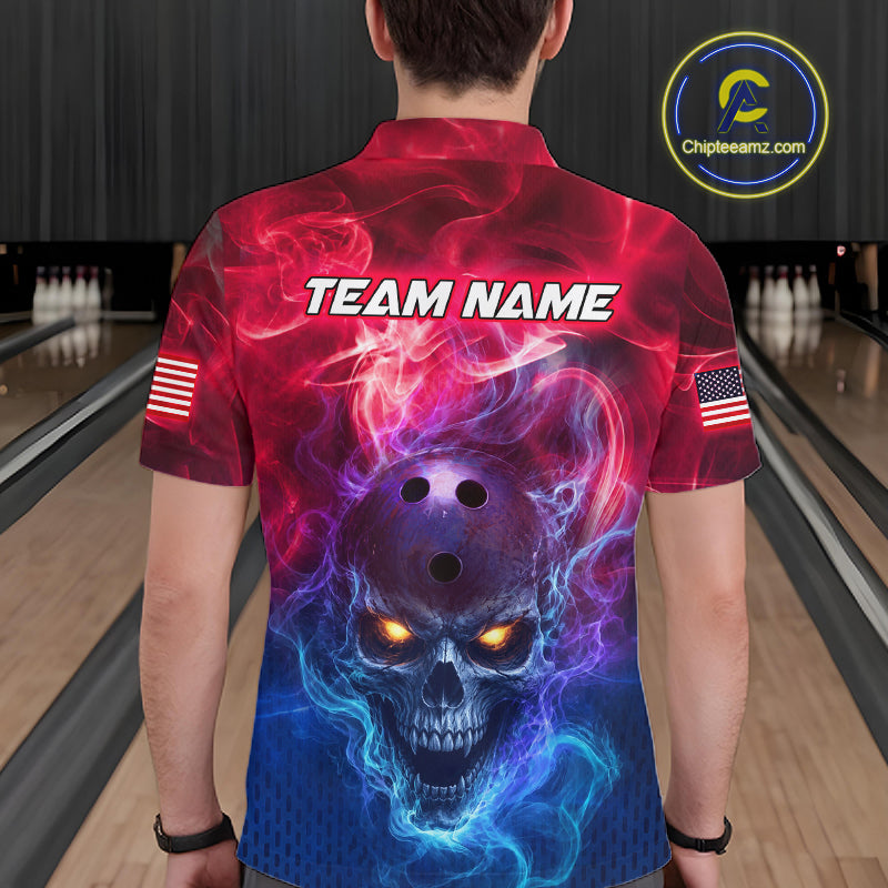 Custom Red Smoke Skull US Flag Bowling Team Shirts Bowling Jersey for Men Bowling League HNT449