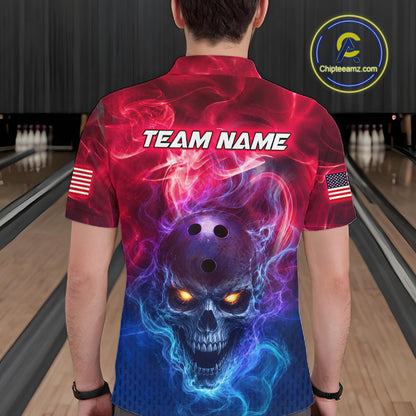 Custom Red Smoke Skull US Flag Bowling Team Shirts Bowling Jersey for Men Bowling League HNT449