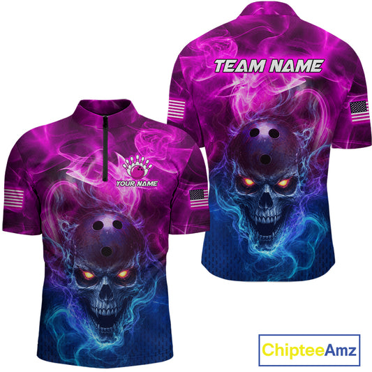 Front and back views of a short-sleeve cycling jersey featuring a glowing skull graphic with purple, pink, blue, and black smoke effects. The front has a mock neck, short sleeves, and customizable text/logo areas, while the back shows 'TEAM NAME' across the chest.