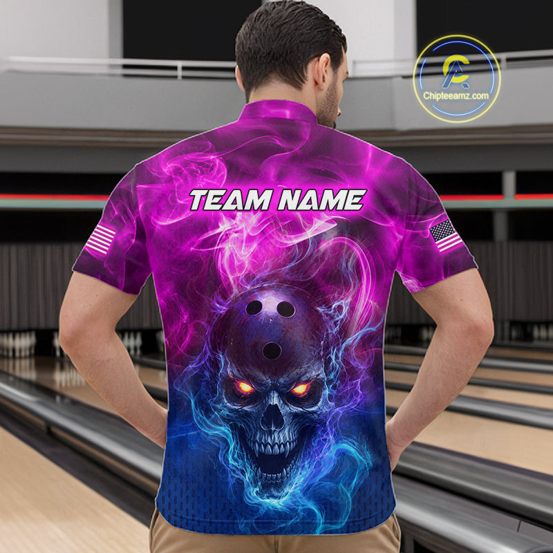 A man viewed from behind wearing a short-sleeve bowling shirt with a vivid purple, blue, and black skull graphic and the words 'TEAM NAME' across the upper back. The shirt also has small American flag prints on both sleeves.