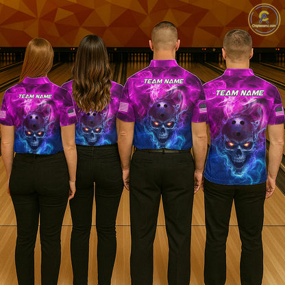 Four people standing with their backs to the camera in a bowling alley, wearing matching short-sleeve bowling shirts with a purple and blue skull graphic on the back and black pants. The shirts have 'TEAM NAME' printed on the back.