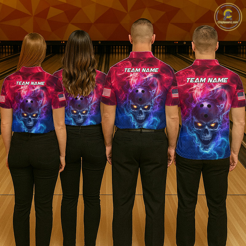 Custom Red Smoke Skull US Flag Bowling Team Shirts Bowling Jersey for Men Bowling League HNT449