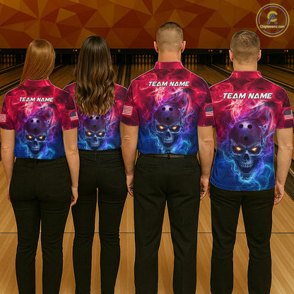 Custom Red Smoke Skull US Flag Bowling Team Shirts Bowling Jersey for Men Bowling League HNT449