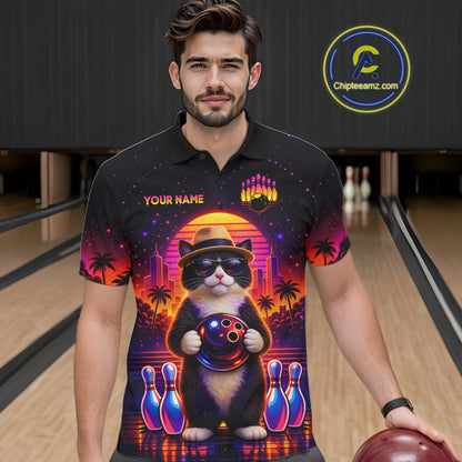 Custom Funny Neon Cat Bowling Jersey for Men Bowling Tournament Polo & 1/4 Zip Bowling Team Shirts HNT210