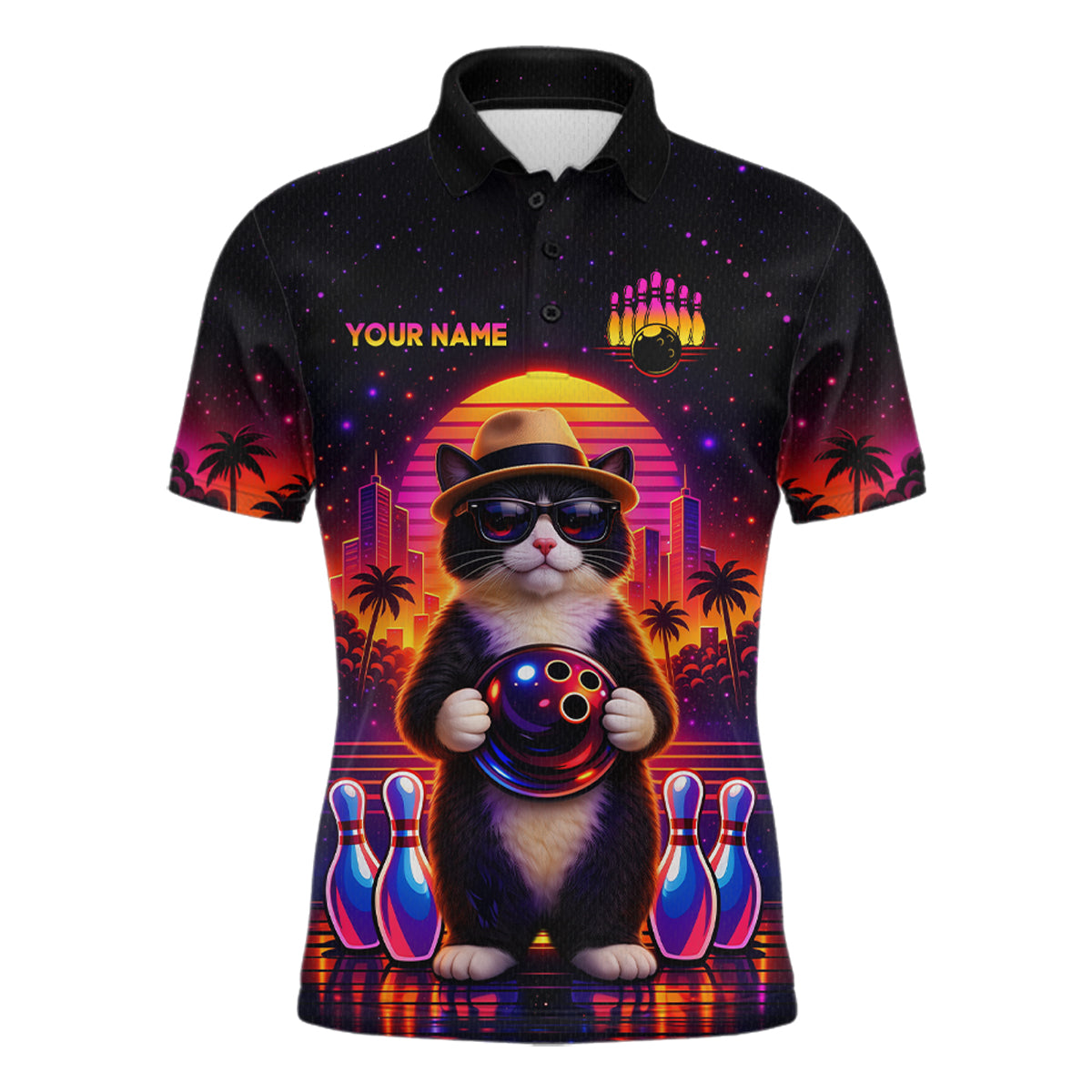 Custom Funny Neon Cat Bowling Jersey for Men Bowling Tournament Polo & 1/4 Zip Bowling Team Shirts HNT210