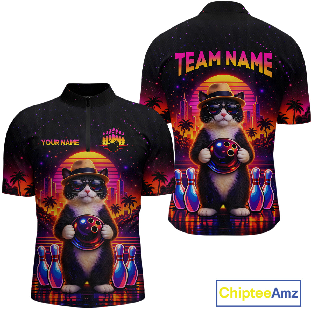 Custom Funny Neon Cat Bowling Jersey for Men Bowling Tournament Polo & 1/4 Zip Bowling Team Shirts HNT210