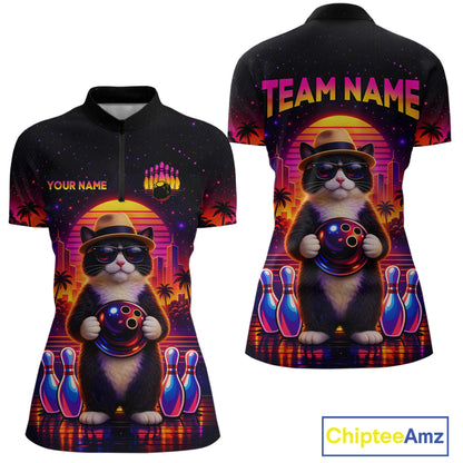 Custom Funny Neon Cat Bowling Jersey for Women Bowling Tournament Polo & 1/4 Zip Bowling Team Shirts HNT210